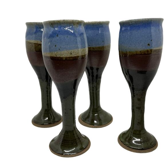 Wine Goblets Flutes Set of Four Ceramic Handmade 1984 Vintage Blue Brown Retro - Picture 13 of 16